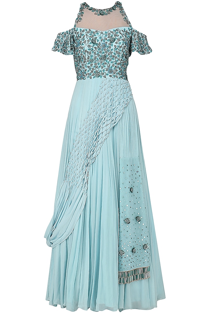 Powder Blue Cold Shoulder Embroidered Gown by AWIGNA by Varsha and Rittu