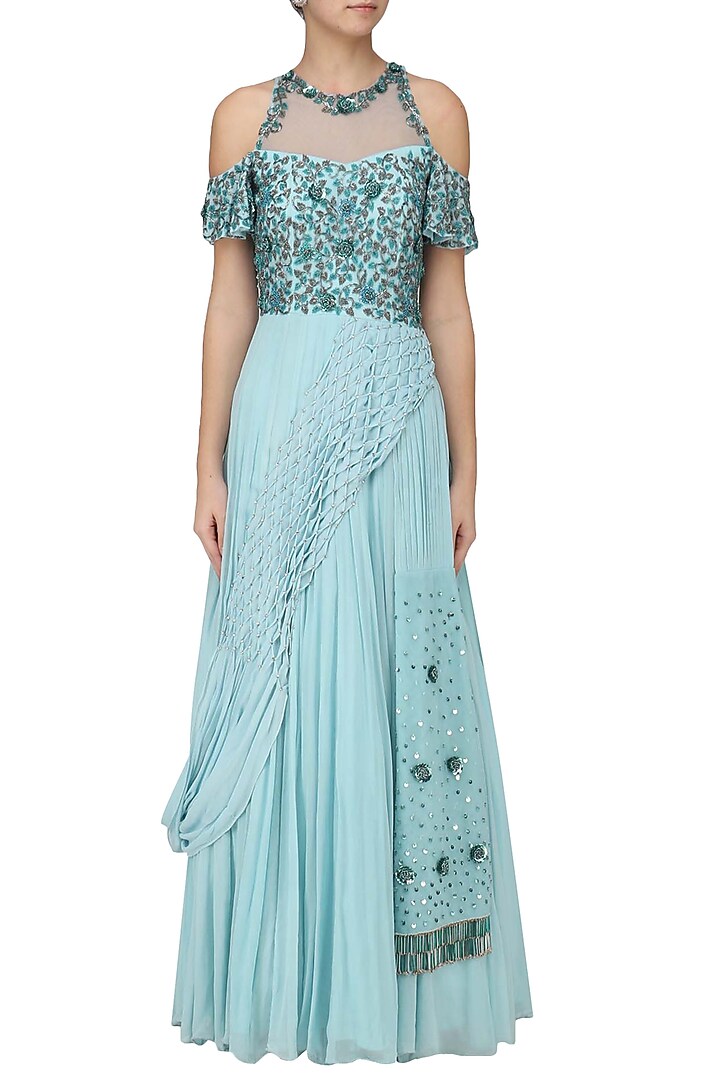 Powder blue cold shoulder embroidered gown available only at Pernia's Pop Up Shop.
