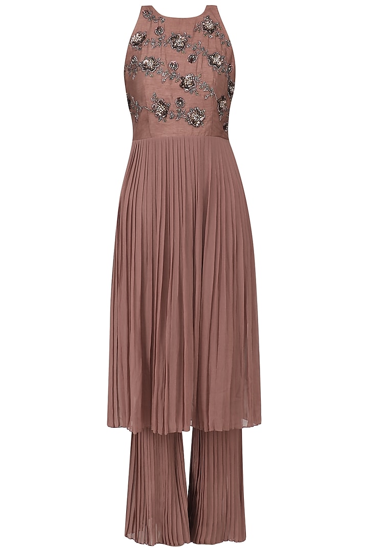 Rose Gold Pleated Kurta with Pants Set by AWIGNA by Varsha and Rittu