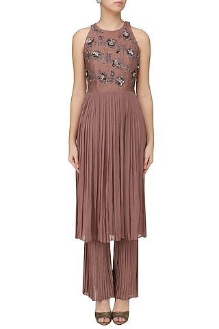 Rose Gold Pleated Kurta with Pants Set by AWIGNA by Varsha and Rittu