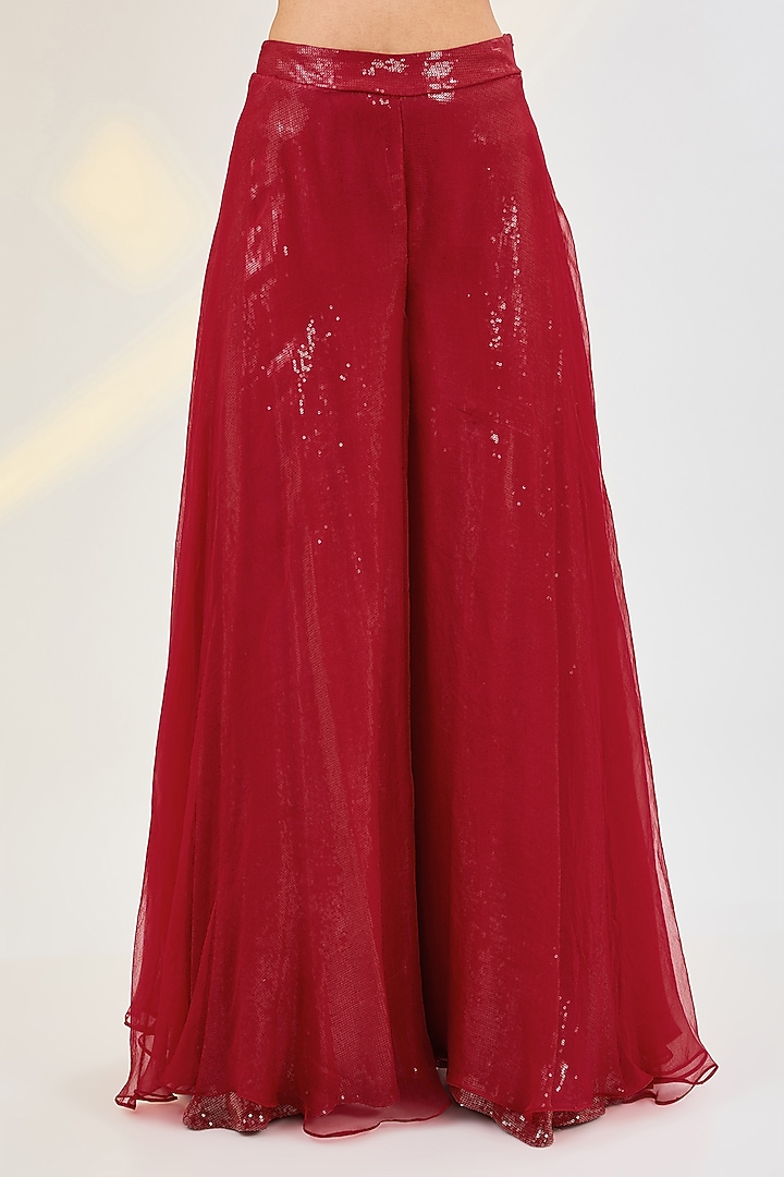 Coral Red Net Organza Palazzo Pant Set by AWIGNA BY VARSHA