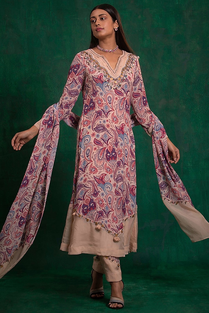 Beige Printed & Hand Embroidered Kurta Set by AWIGNA BY VARSHA & RITTU