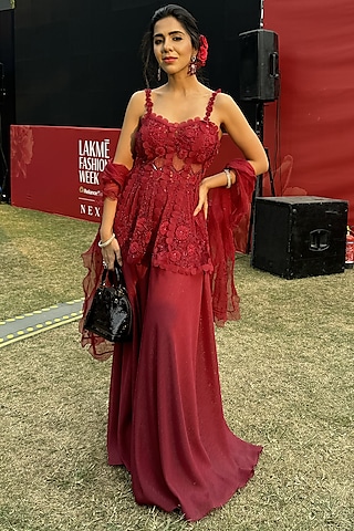 Ruby Red Net & Metallic Georgette Palazzo Set by AWIGNA BY VARSHA & RITTU