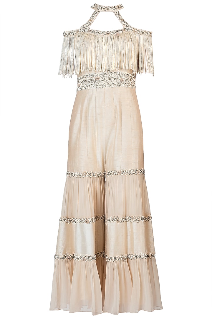 Off White Tassels Embroidered Jumpsuit by AWIGNA by Varsha and Rittu