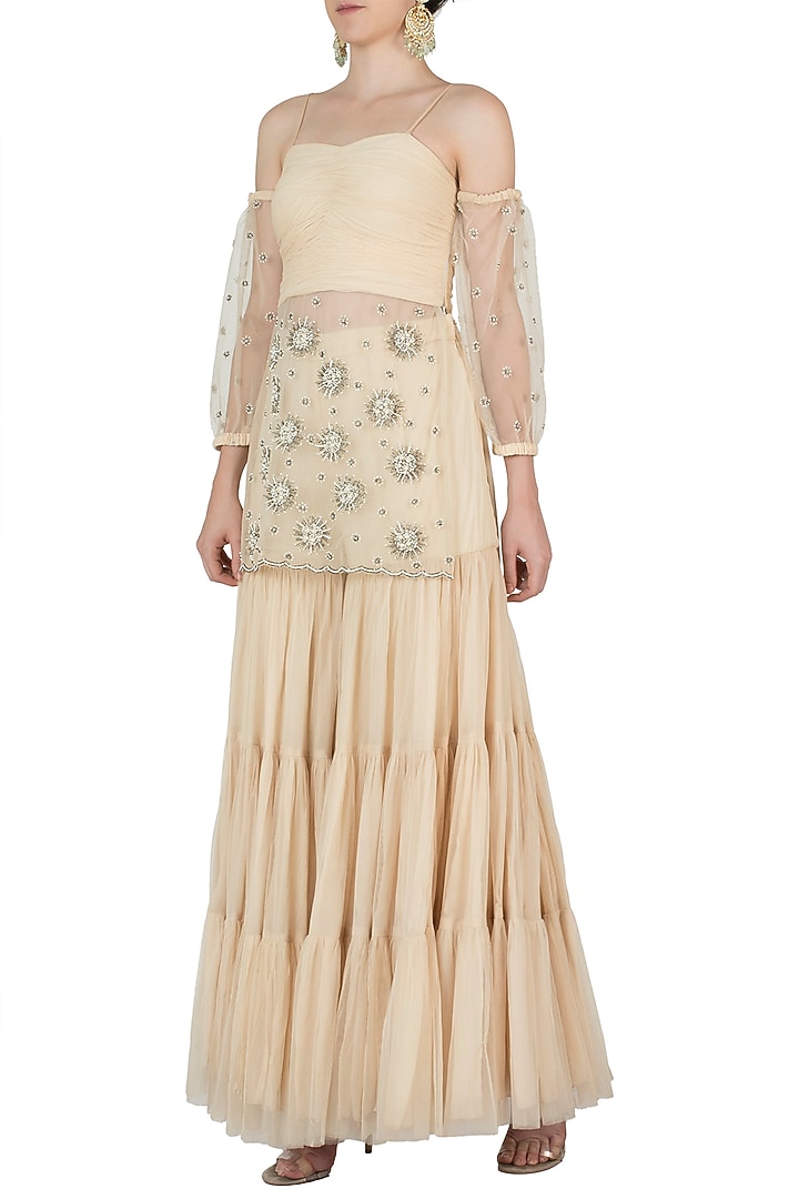 Off white embroidered kurta with sharara pants available only at Pernia's Pop Up Shop.