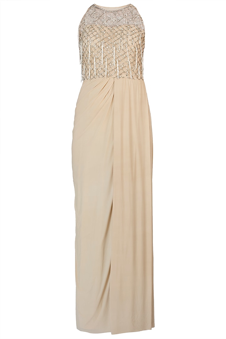 Off white embroidered drape gown available only at Pernia's Pop Up Shop.