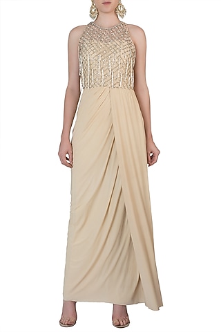 Off White Embroidered Drape Gown by AWIGNA by Varsha and Rittu
