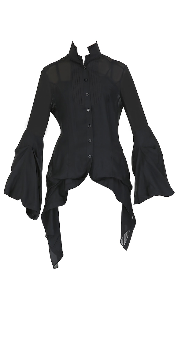 Black shirt with uneven hem, tailoring construction details available only at Pernia's Pop Up Shop.