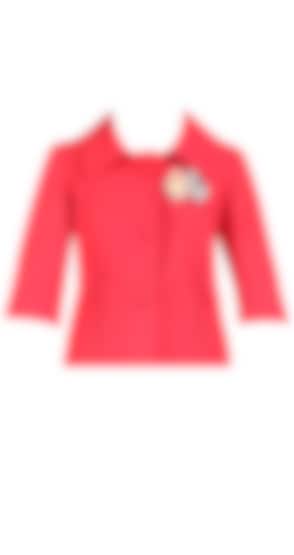  Red short jacket with 3/4 sleeves and flower broach  available only at Pernia's Pop Up Shop.