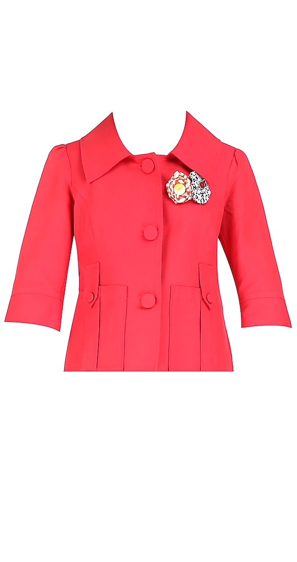  Red short jacket with 3/4 sleeves and flower broach  available only at Pernia's Pop Up Shop.
