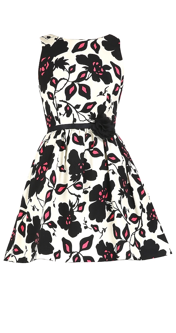 Skater dress with black and white floral print with detailing in red available only at Pernia's Pop Up Shop. 