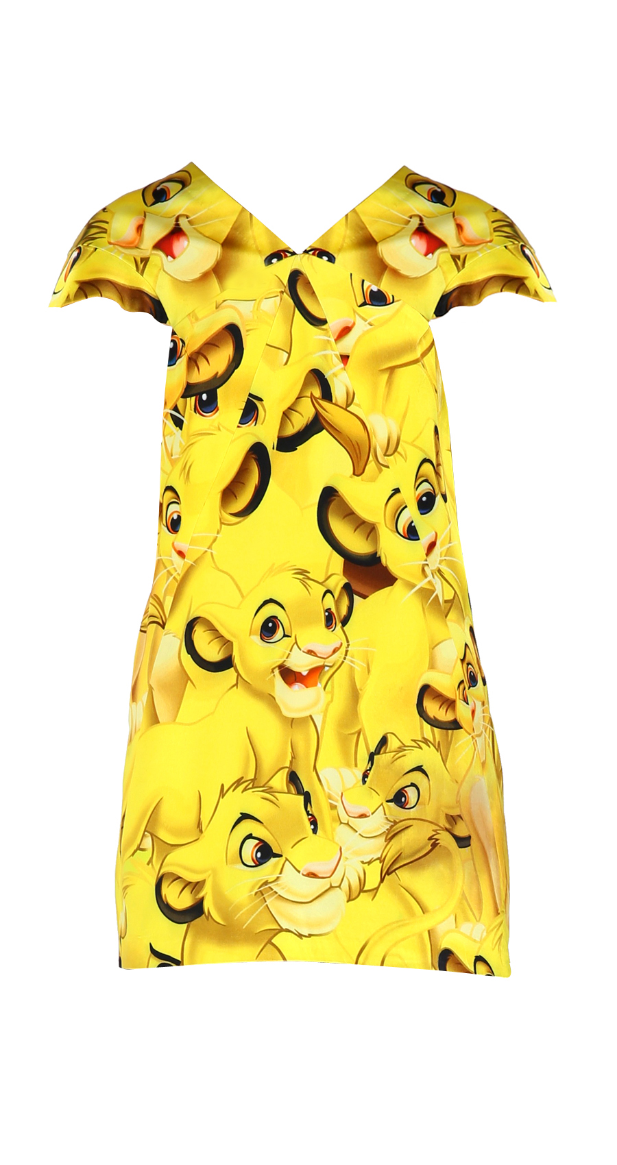 Short yellow dress with lion king print all-over and cape sleeves available only at Pernia's Pop Up Shop. 