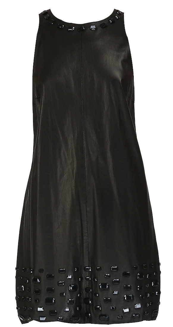 Metallic green leather dress with embellished yoke and hem available only at Pernia's Pop Up Shop. 