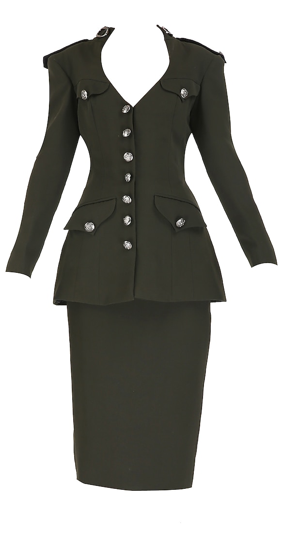 3 piece military green jacket and skirt set with dull silver buttons available only at Pernia's Pop Up Shop. 