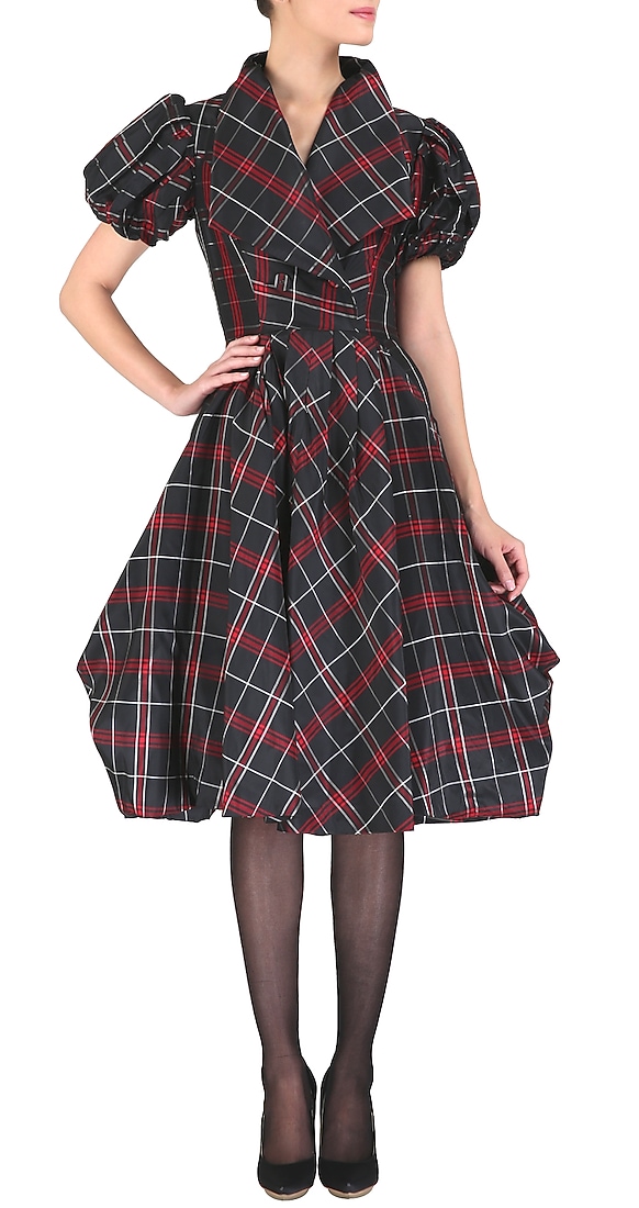 Tailoring construction detailed black and red checkered dress available only at Pernia's Pop Up Shop.