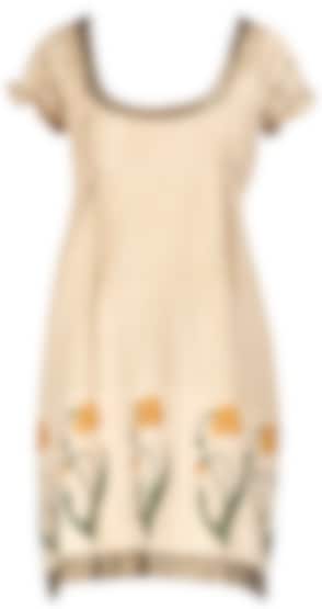 Beige dress/Tunic with yellow floral printing on the hem  line available only at Pernia's Pop Up Shop.