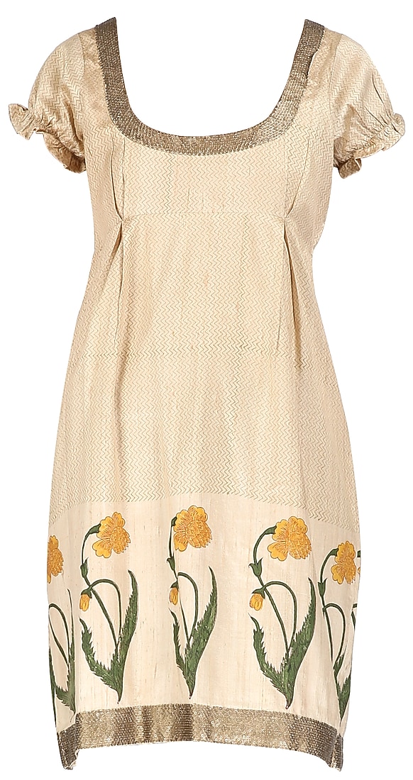 Beige dress/Tunic with yellow floral printing on the hem  line available only at Pernia's Pop Up Shop.