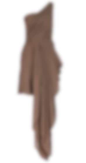 Brown- green one shoulder gown with high low drape hem line available only at Pernia's Pop Up Shop.