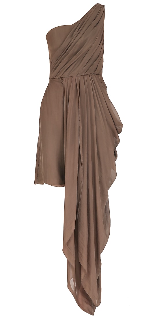 Brown- green one shoulder gown with high low drape hem line available only at Pernia's Pop Up Shop.
