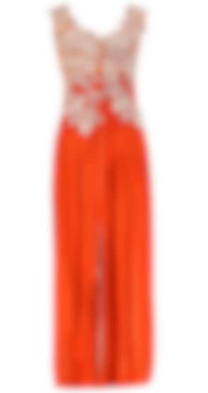 Orange drape maxi dress with beige floral embroidery on yoke available only at Pernia's Pop Up Shop.