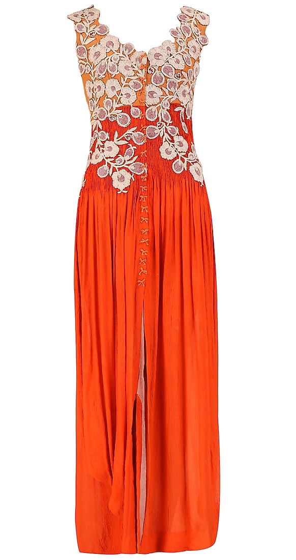 Orange drape maxi dress with beige floral embroidery on yoke available only at Pernia's Pop Up Shop.