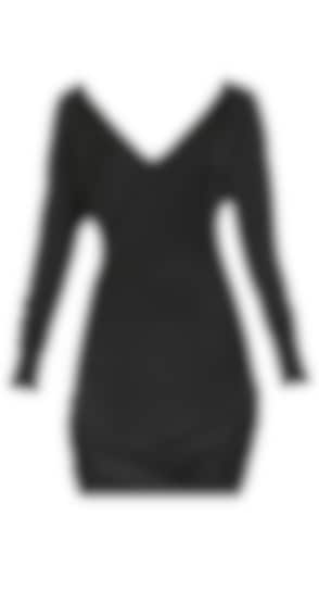  Black full sleeves short jersey dress with v-neck and  twisted hem available only at Pernia's Pop Up Shop.