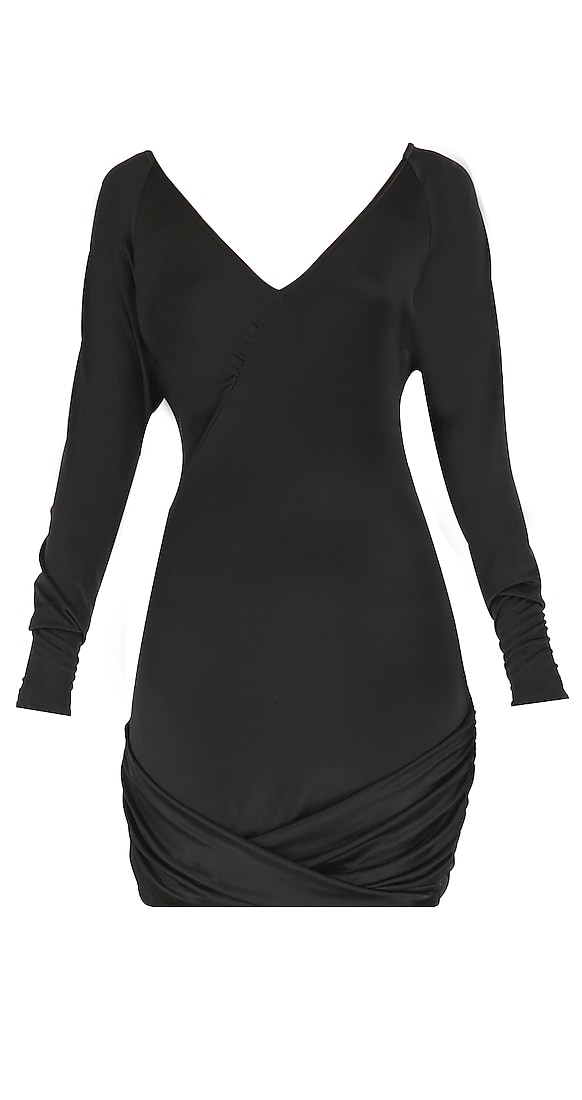  Black full sleeves short jersey dress with v-neck and  twisted hem available only at Pernia's Pop Up Shop.