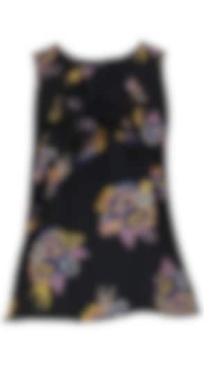  Black cut-sleeved top with multi coloured floral print and ruffeles on upper half  available only at Pernia's Pop Up Shop.