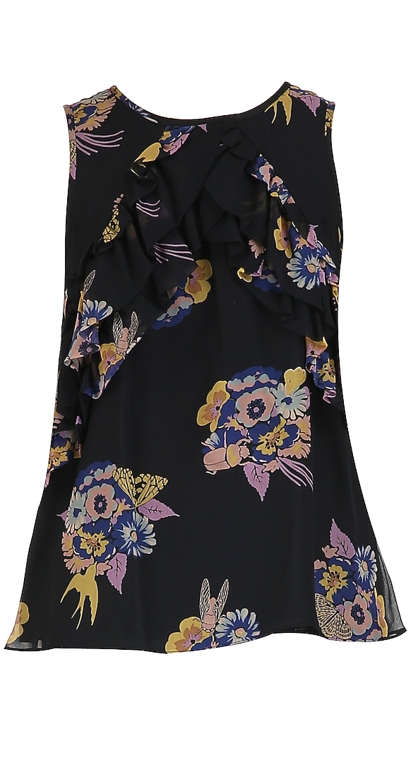  Black cut-sleeved top with multi coloured floral print and ruffeles on upper half  available only at Pernia's Pop Up Shop.