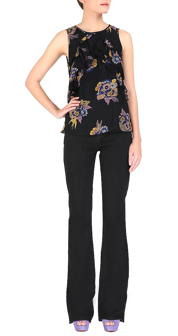 Black cut-sleeved top with multi coloured floral print and ruffeles on upper half available only at Pernia's Pop Up Shop.