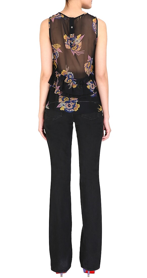 Black cut-sleeved top with multi coloured floral print and ruffeles on upper half available only at Pernia's Pop Up Shop.