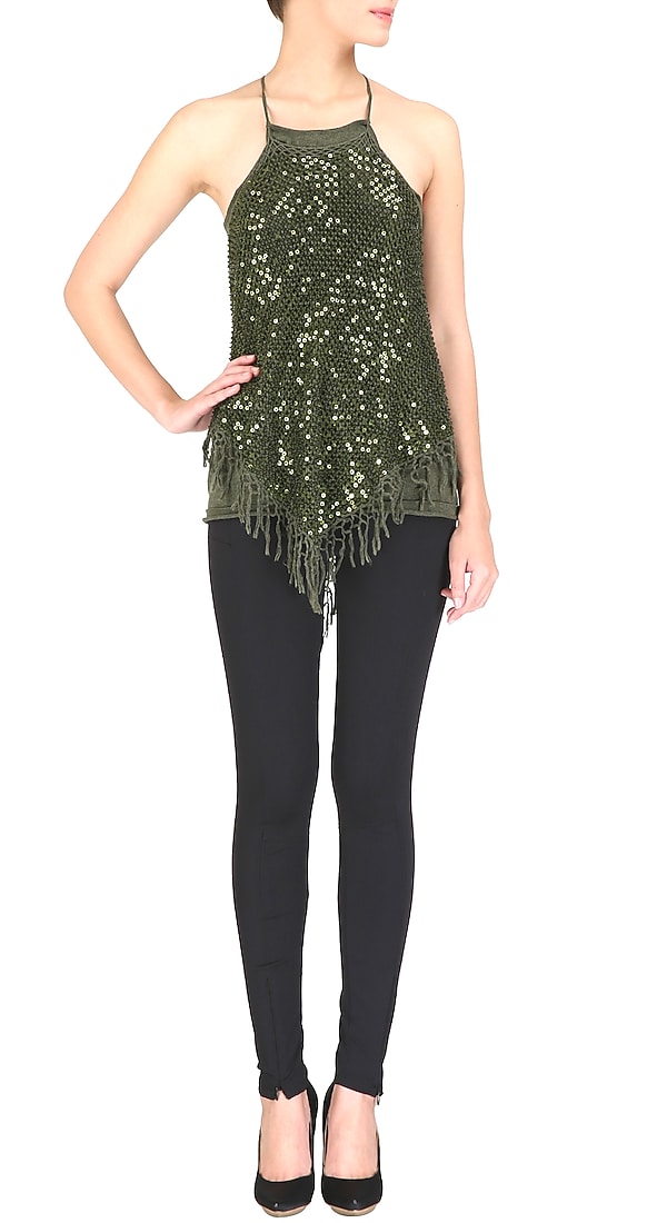 Olive green layered sequinned crochet halter top available only at Pernia's Pop Up Shop.