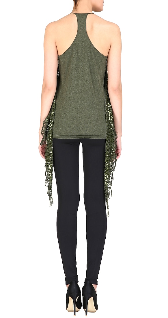 Olive green layered sequinned crochet halter top available only at Pernia's Pop Up Shop.