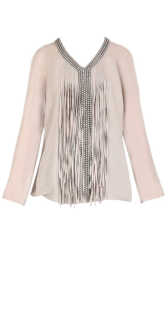  Nude shirt with fringed front and embellished placket available only at Pernia's Pop Up Shop.
