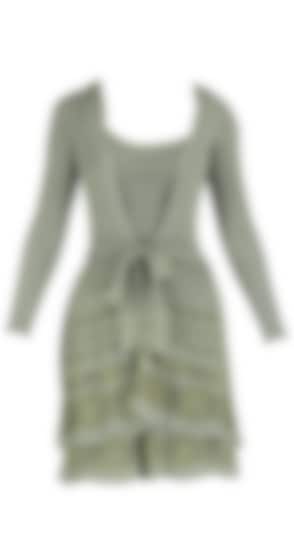Two layer knit set with dull-green knit dress and a dull-green knit jacket with a tie-up waist belt available only at Pernia's Pop Up Shop.