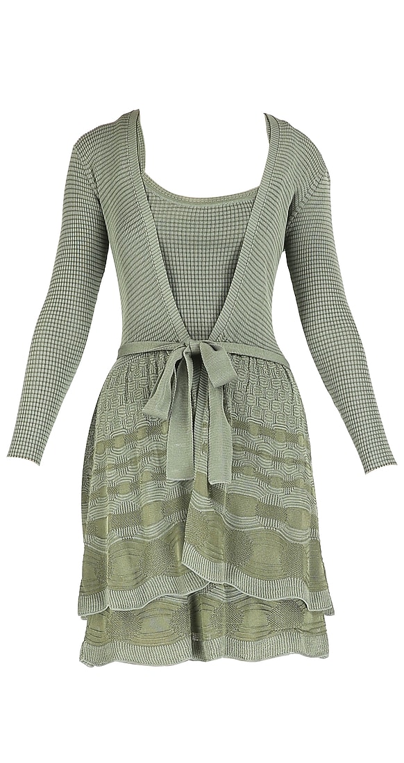 Two layer knit set with dull-green knit dress and a dull-green knit jacket with a tie-up waist belt available only at Pernia's Pop Up Shop.