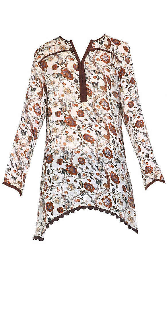 Off-white kurta shirt with multicolored print and brown trimmings available only at Pernia's Pop Up Shop.