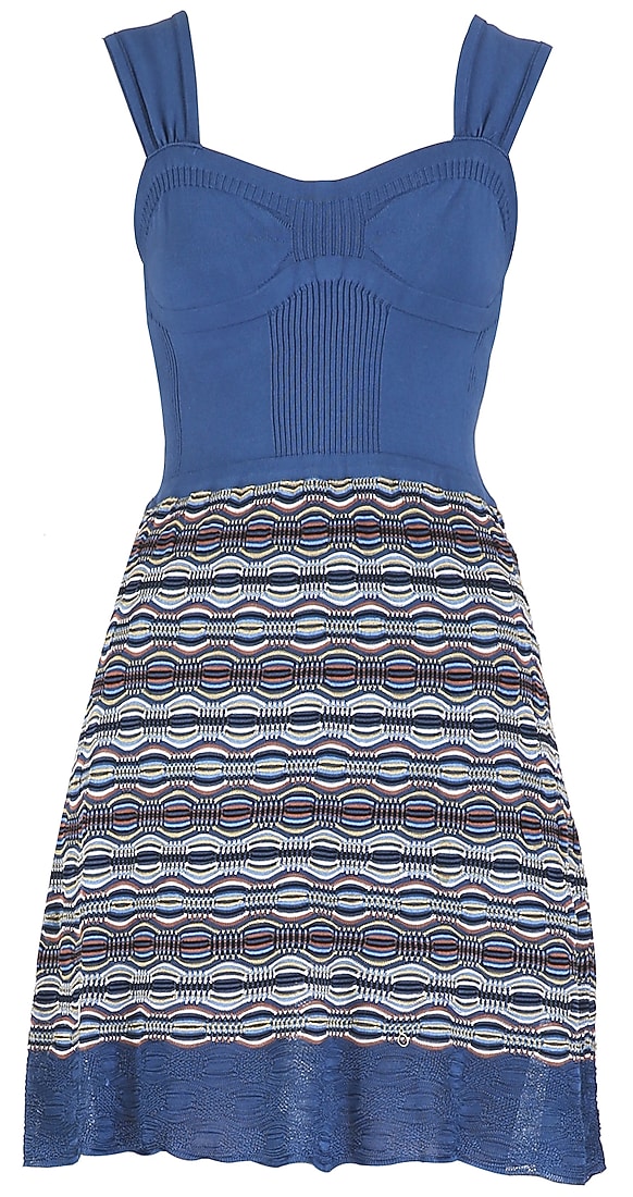 Two layer blue patterned knit dress set with same patterened cardigan available only at Pernia's Pop Up Shop.