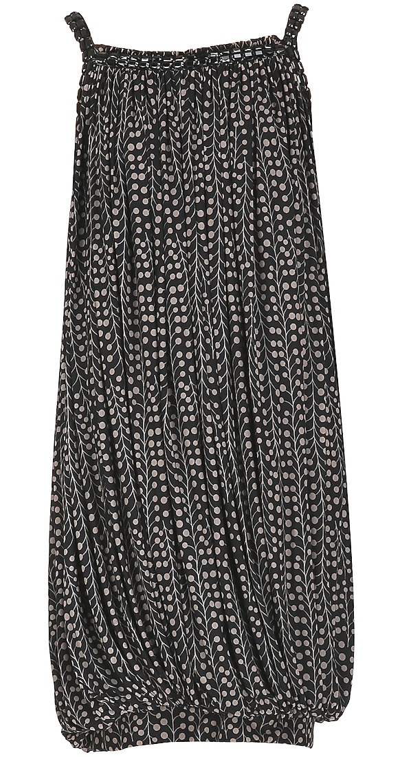Black all-over tiny print tulip hem dress available only at Pernia's Pop Up Shop.