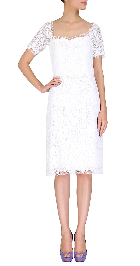  Knee length white lace dress with half sleeves available only at Pernia's Pop Up Shop.