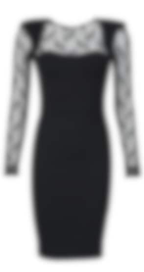 Knee length black dress with lace sleeves and yoke available only at Pernia's Pop Up Shop.  