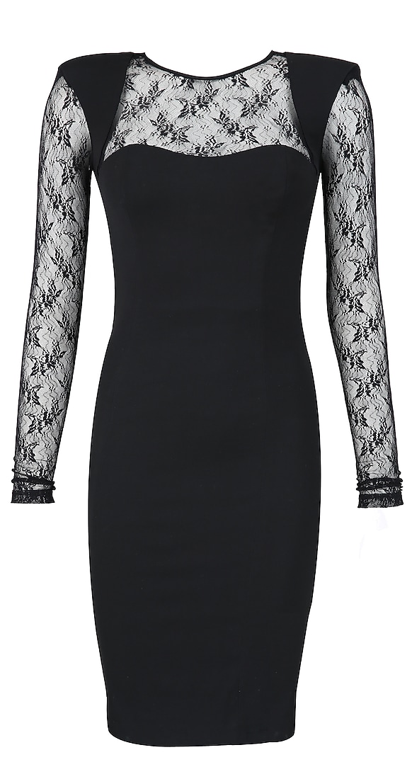 Knee length black dress with lace sleeves and yoke available only at Pernia's Pop Up Shop.  