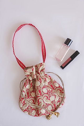 Red Raw Silk Hand Block Printed & Tassels Embroidered Potli Bag by ADYA Jaipur