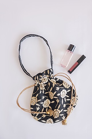 Black Raw Silk Floral Embroidered & Hand Block Printed Potli Bag by ADYA Jaipur