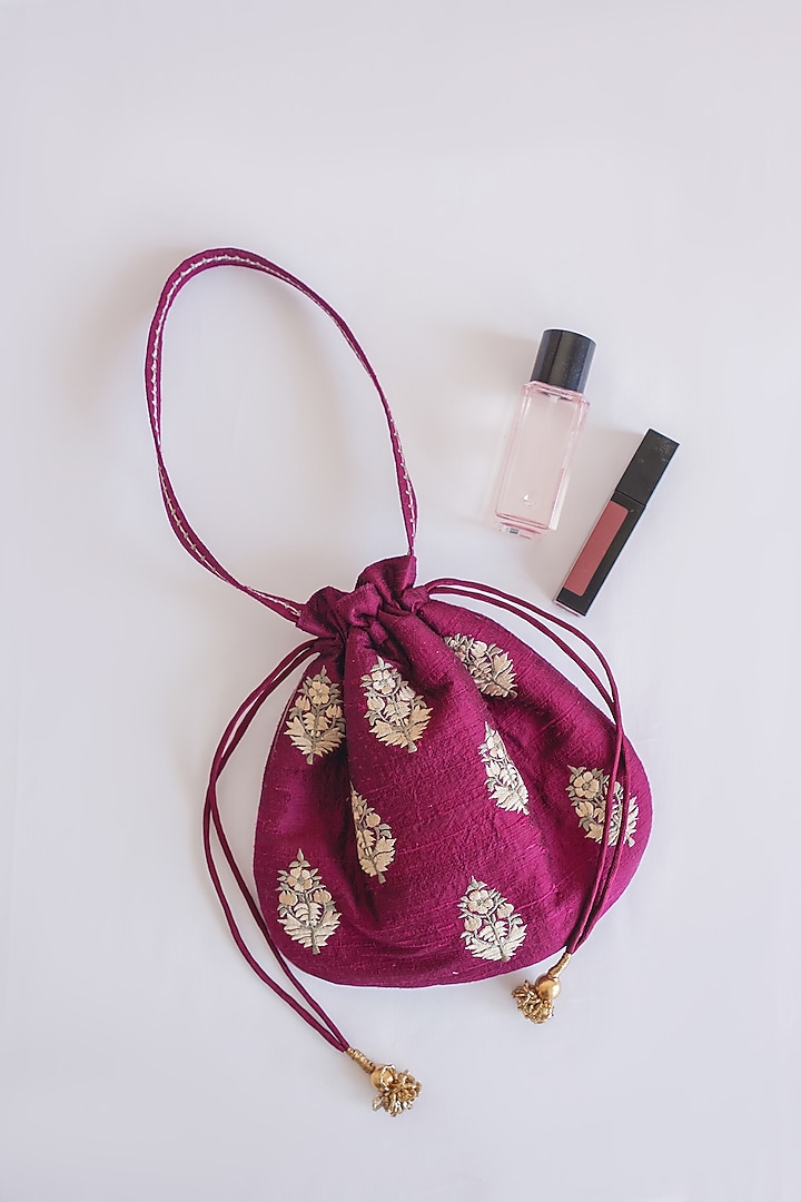 Maroon Raw Silk Floral Embroidered & Hand Block Printed Potli Bag by ADYA Jaipur