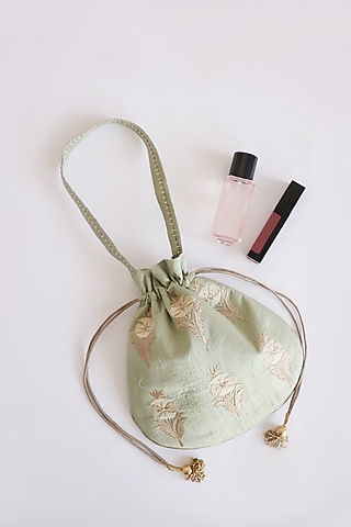 Green Raw Silk Floral Embroidered & Hand Block Printed Potli Bag by ADYA Jaipur