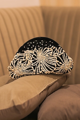 Black & Ivory Suede Velvet Sequins Embroidered Clutch by AYE VI