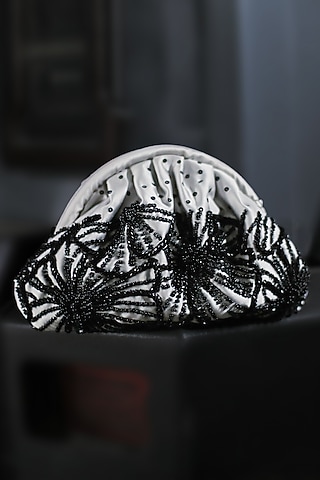 Black & Ivory Duchesse Silk Satin Sequins Embroidered Clutch by AYE VI