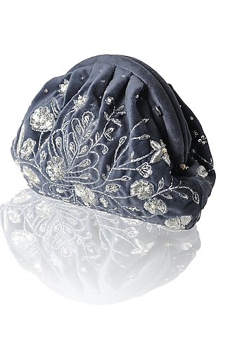 Midnight Blue Suede Velvet Sequins & Bead Hand Embroidered Clutch by AYE VI