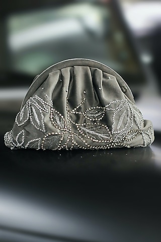 Silver Grey Suede Velvet Crystal Chain Hand Embroidered Clutch by AYE VI